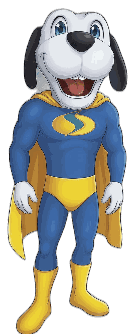 Mascote do Supra Supermercado, um cachorro super-herói de capa azul e amarela